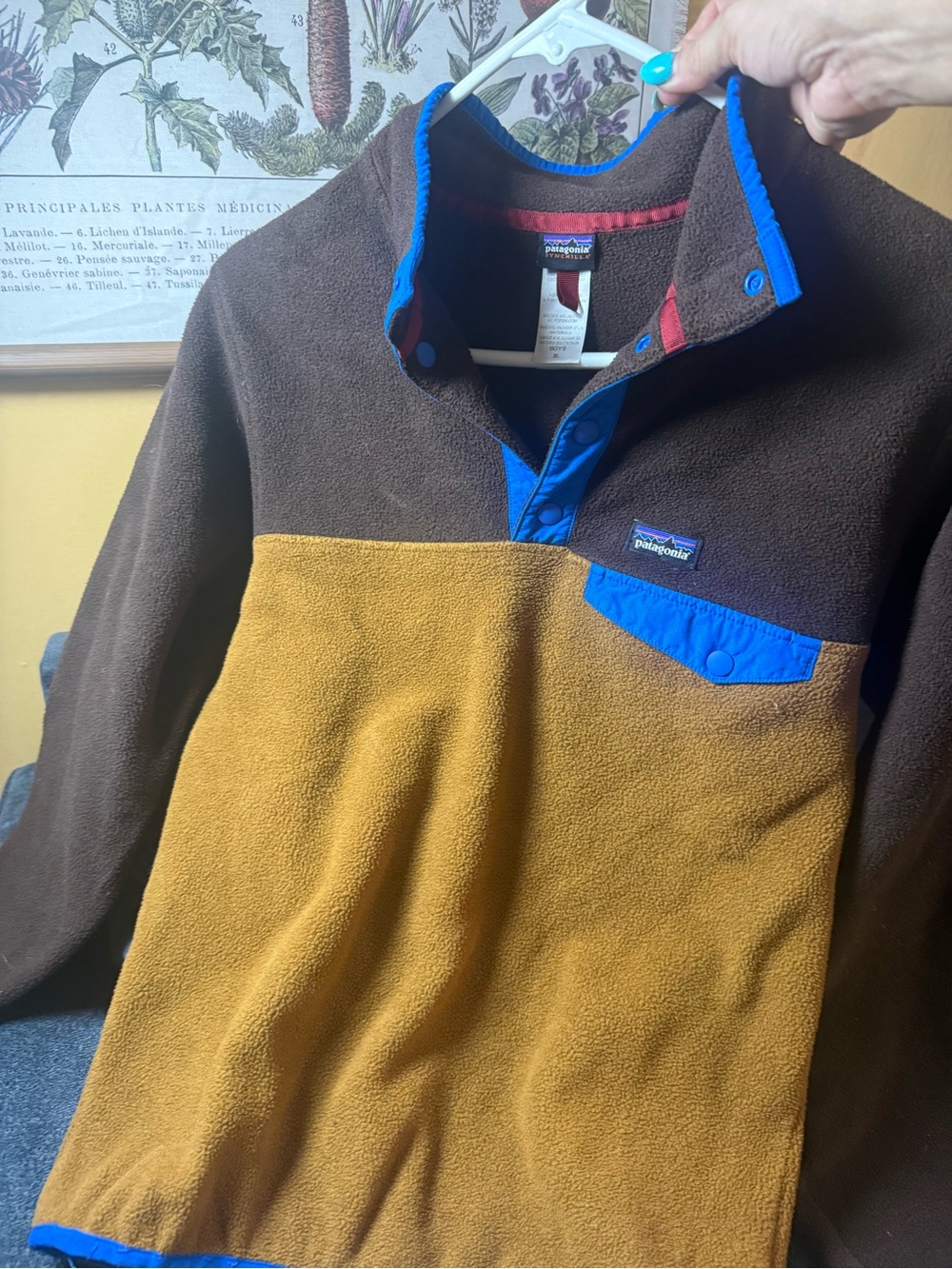 Patagonia kids size xl 12/14, Mustard & Blue Fleece Snap Pullover